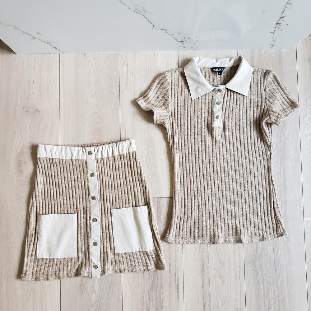 BALKAN Skirt Set Womens S Beige Ribbed Knit Collared Sweater Polo Mini 2 Piece
